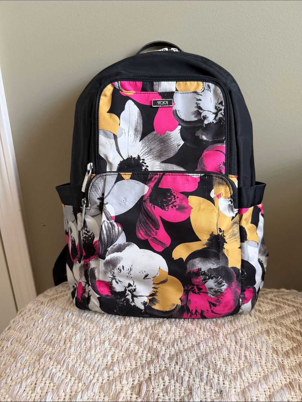 Tumi Black Backpack with Pink, Yellow & White Floral Print